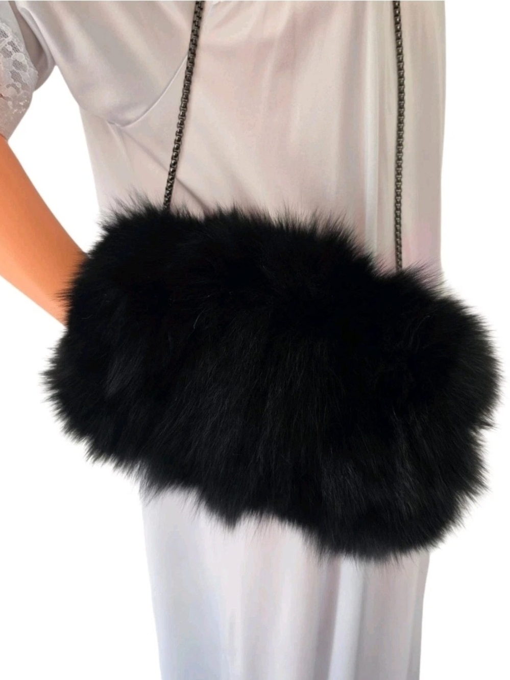 Kelli Kouri Black Genuine Fox Fur Muff Handbag Purse Crossbody Hand Warmer NWT